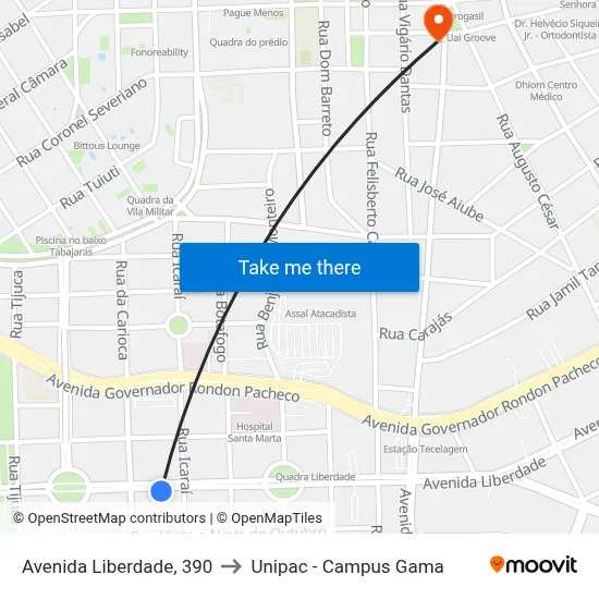 Avenida Liberdade, 390 to Unipac - Campus Gama map