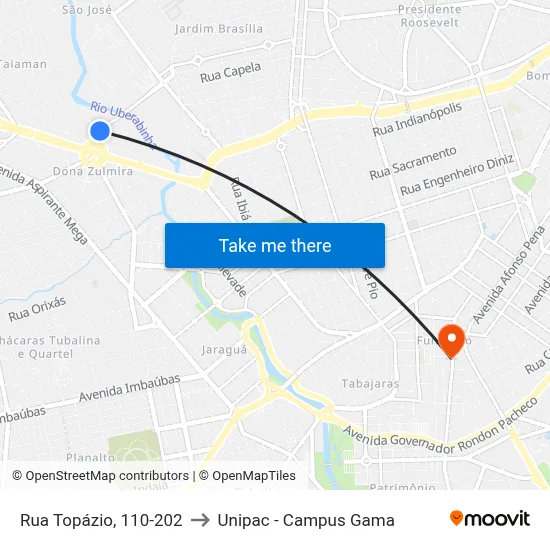 Rua Topázio, 110-202 to Unipac - Campus Gama map