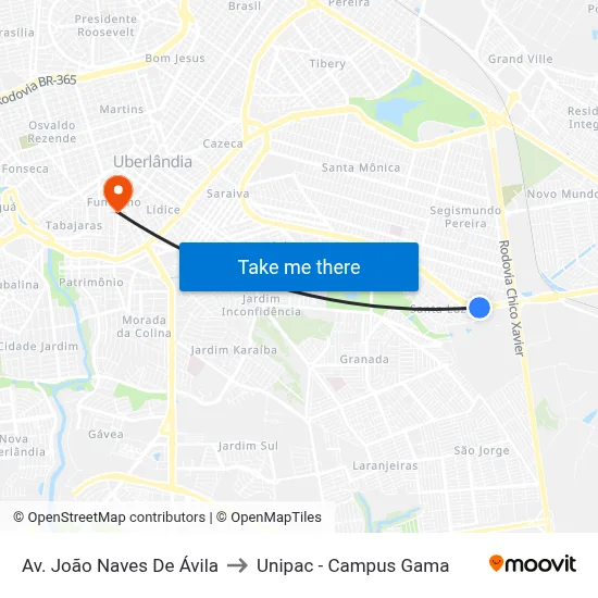 Av. João Naves De Ávila to Unipac - Campus Gama map