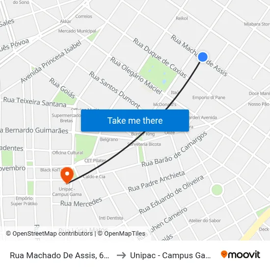 Rua Machado De Assis, 648 to Unipac - Campus Gama map