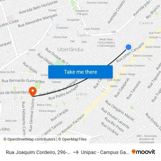 Rua Joaquim Cordeiro, 296-342 to Unipac - Campus Gama map