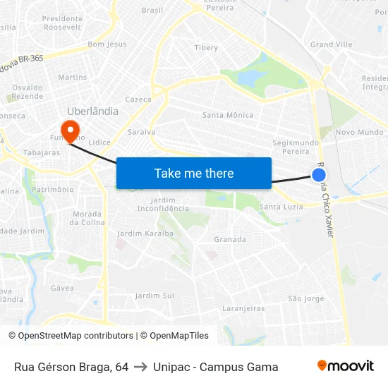 Rua Gérson Braga, 64 to Unipac - Campus Gama map