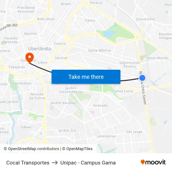 Cocal Transportes to Unipac - Campus Gama map