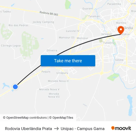 Rodovia Uberlândia Prata to Unipac - Campus Gama map