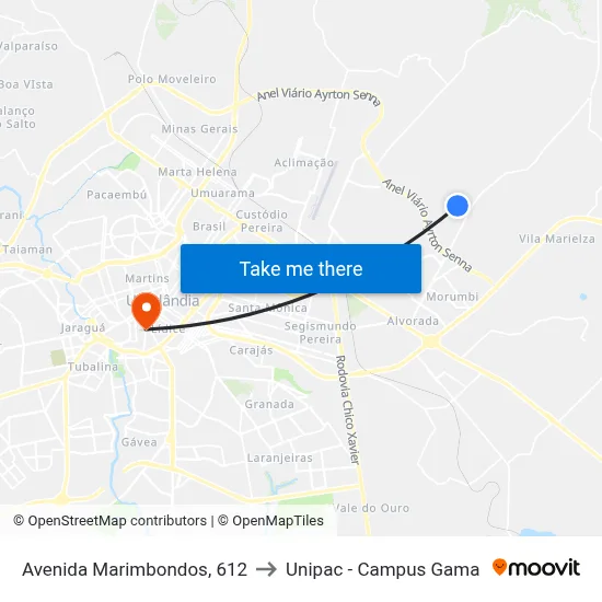 Avenida Marimbondos, 612 to Unipac - Campus Gama map