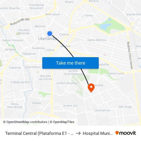 Terminal Central (Plataforma E1 - Laranja) to Hospital Municipal map