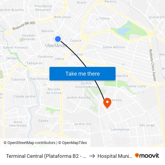 Terminal Central (Plataforma B2 - Amarelo) to Hospital Municipal map