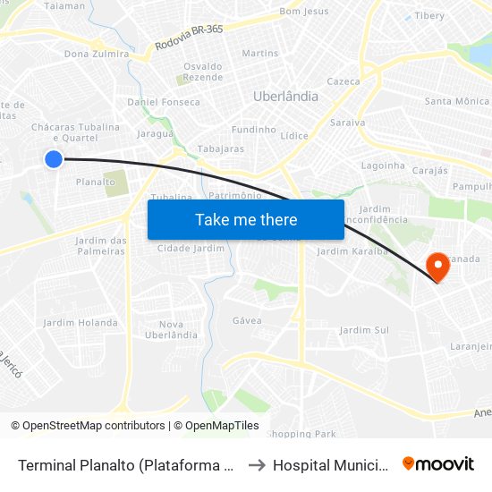 Terminal Planalto (Plataforma A2) to Hospital Municipal map