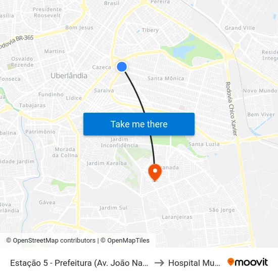 Estação 5 - Prefeitura (Av. João Naves De Ávila) to Hospital Municipal map
