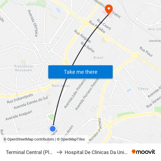 Terminal Central (Plataforma C2 - Vermelho) to Hospital De Clínicas Da Universidade Federal De Uberlândia map