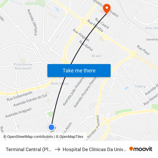 Terminal Central (Plataforma B1 - Amarelo) to Hospital De Clínicas Da Universidade Federal De Uberlândia map