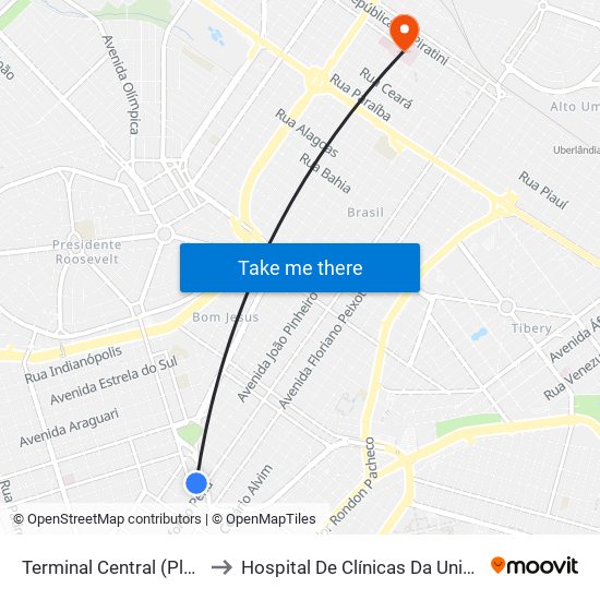 Terminal Central (Plataforma C1 - Vermelho) to Hospital De Clínicas Da Universidade Federal De Uberlândia map