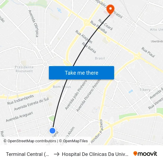 Terminal Central (Plataforma A2 - Azul) to Hospital De Clínicas Da Universidade Federal De Uberlândia map