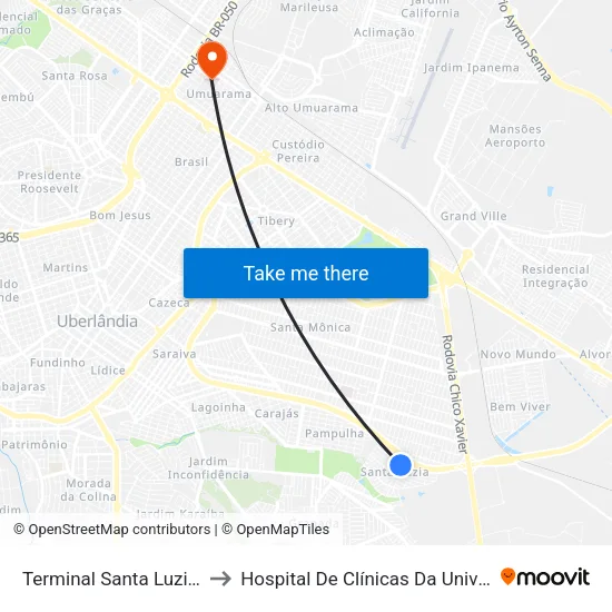 Terminal Santa Luzia - Área De Estocagem to Hospital De Clínicas Da Universidade Federal De Uberlândia map