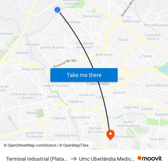 Terminal Industrial (Platafroma A1) to Umc Uberlândia Medical Center map