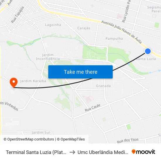 Terminal Santa Luzia (Plataforma A2) to Umc Uberlândia Medical Center map