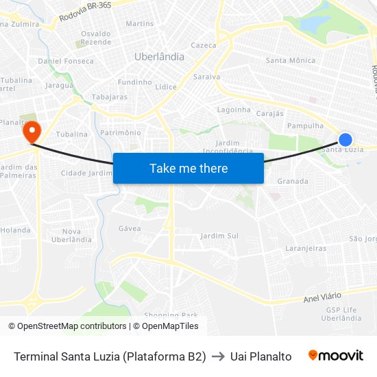 Terminal Santa Luzia (Plataforma B2) to Uai Planalto map