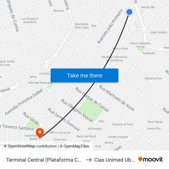 Terminal Central (Plataforma C2 - Vermelho) to Cias Unimed Uberlândia map