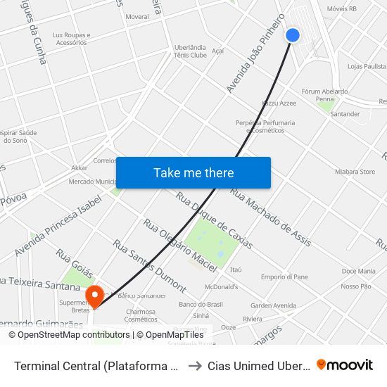 Terminal Central (Plataforma A1 - Azul) to Cias Unimed Uberlândia map