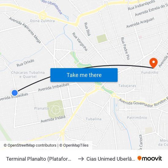 Terminal Planalto (Plataforma A1) to Cias Unimed Uberlândia map