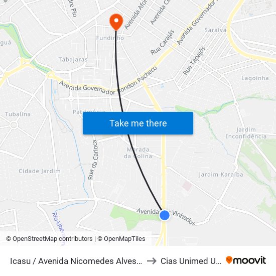 Icasu / Avenida Nicomedes Alves Dos Santos, 3900 to Cias Unimed Uberlândia map