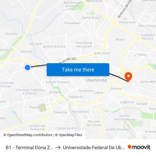 B1 - Terminal Dona Zulmira to Universidade Federal De Uberlândia map