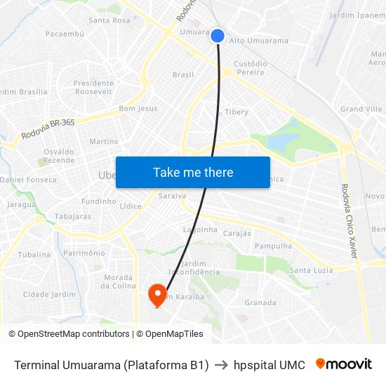 Terminal Umuarama (Plataforma B1) to hpspital  UMC map