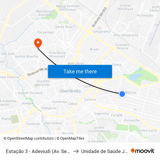 Estação 3 - Adeviudi (Av. Segismundo Pereira) to Unidade de Saúde Jardim Brasília map