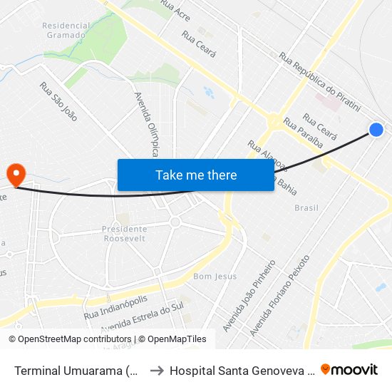 Terminal Umuarama (Plataforma B1) to Hospital Santa Genoveva Pronto Socorro map
