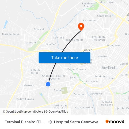 Terminal Planalto (Plataforma A2) to Hospital Santa Genoveva Pronto Socorro map