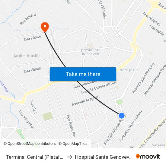 Terminal Central (Plataforma D1 - Verde) to Hospital Santa Genoveva Pronto Socorro map