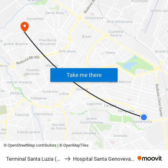 Terminal Santa Luzia (Plataforma B2) to Hospital Santa Genoveva Pronto Socorro map