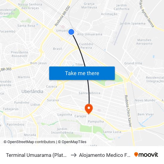 Terminal Umuarama (Plataforma A2) to Alojamento Medico Fem Pamp map