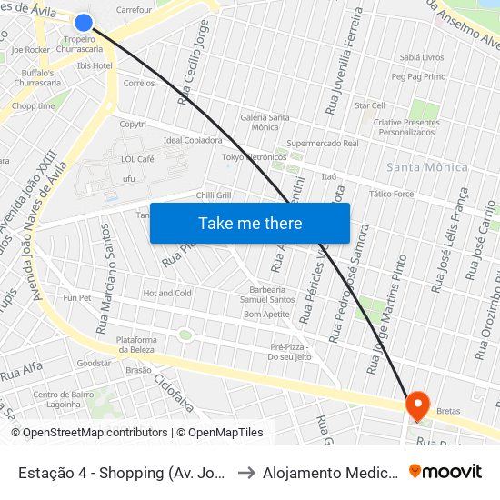 Estação 4 - Shopping (Av. João Naves De Ávila) to Alojamento Medico Fem Pamp map