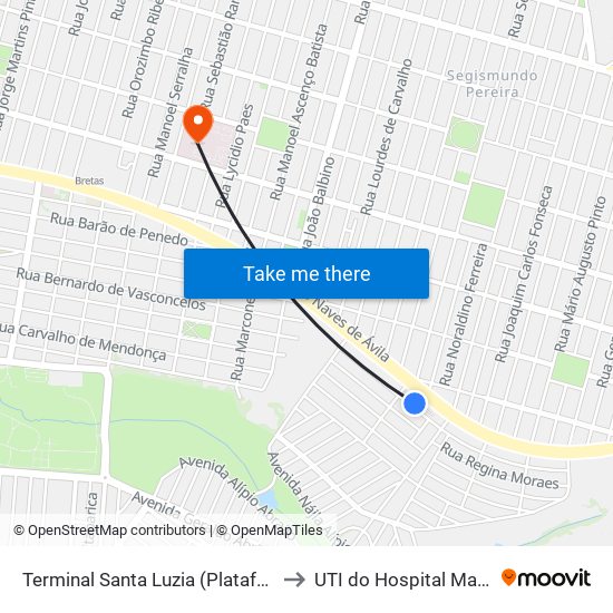 Terminal Santa Luzia (Plataforma A2) to UTI do Hospital MadreCor map