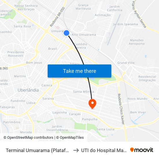 Terminal Umuarama (Plataforma A1) to UTI do Hospital MadreCor map