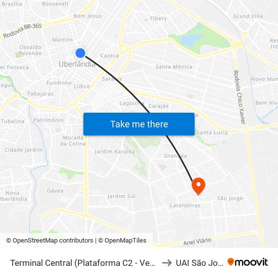 Terminal Central (Plataforma C2 - Vermelho) to UAI São Jorge map