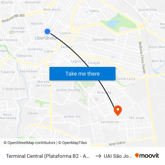 Terminal Central (Plataforma B2 - Amarelo) to UAI São Jorge map