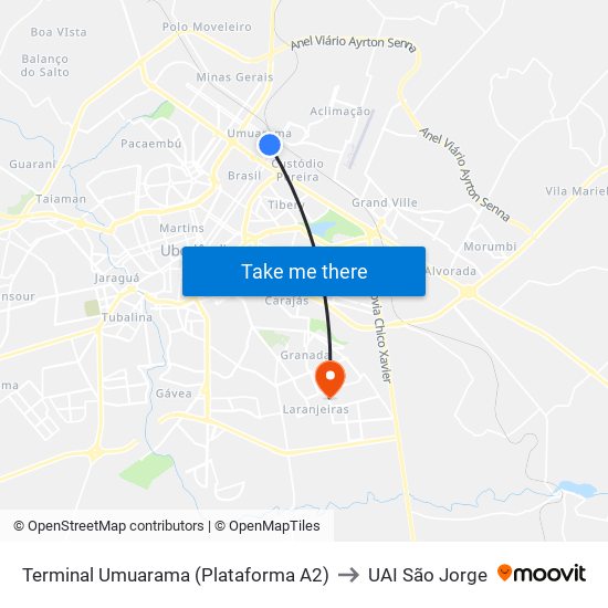 Terminal Umuarama (Plataforma A2) to UAI São Jorge map