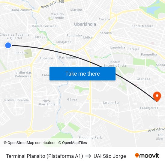 Terminal Planalto (Plataforma A1) to UAI São Jorge map