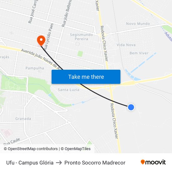 Ufu - Campus Glória to Pronto Socorro Madrecor map