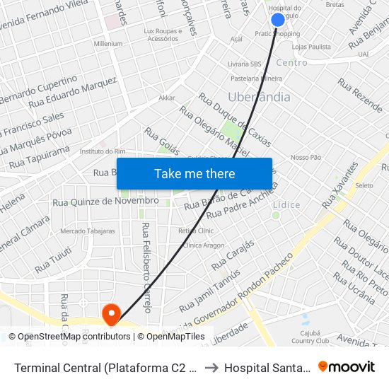 Terminal Central (Plataforma C2 - Vermelho) to Hospital Santa Marta map