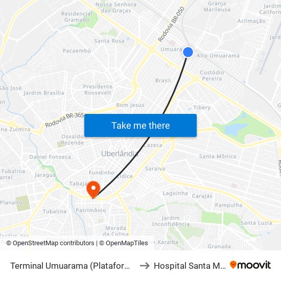 Terminal Umuarama (Plataforma B1) to Hospital Santa Marta map