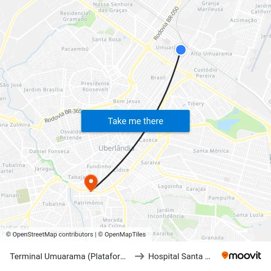 Terminal Umuarama (Plataforma A2) to Hospital Santa Marta map
