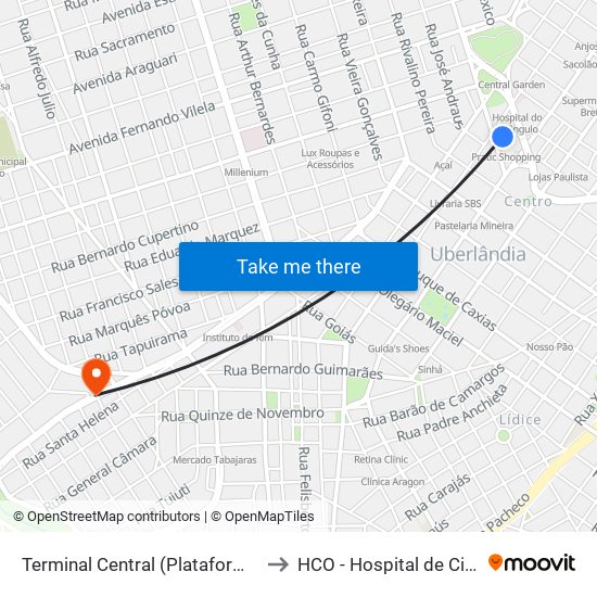 Terminal Central (Plataforma B2 - Amarelo) to HCO - Hospital de Cirurgia Ocular map