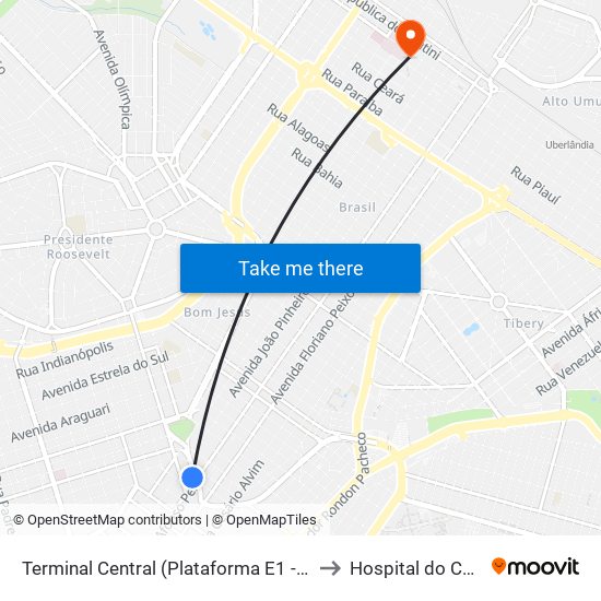 Terminal Central (Plataforma E1 - Laranja) to Hospital do Câncer map