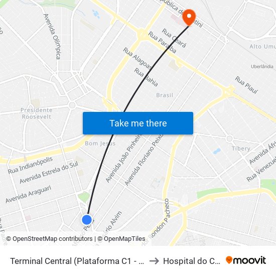 Terminal Central (Plataforma C1 - Vermelho) to Hospital do Câncer map