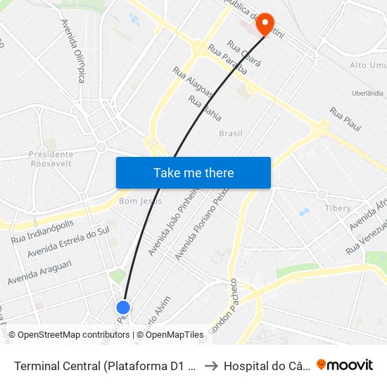 Terminal Central (Plataforma D1 - Verde) to Hospital do Câncer map