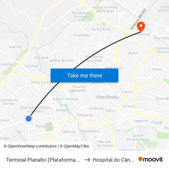 Terminal Planalto (Plataforma A1) to Hospital do Câncer map