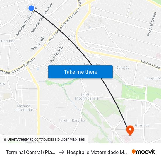 Terminal Central (Plataforma A1 - Azul) to Hospital e Maternidade Municipal de Uberlândia map